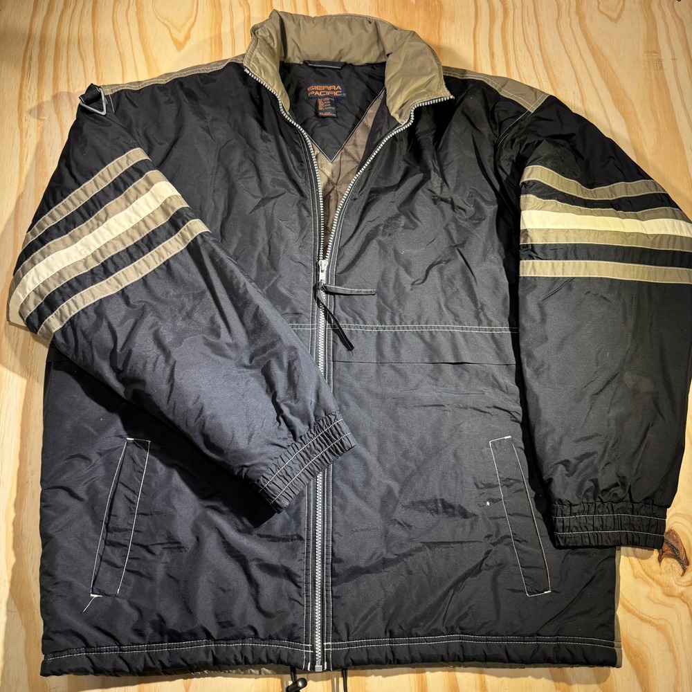 80s 90s Sierra Pacific Men's Puffer Jacket Black Tan Striped Sleeve Nylon Large